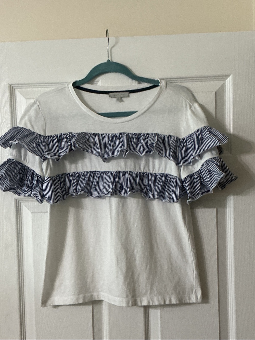 LaJu White Tee with Blue Striped Ruffle Accents